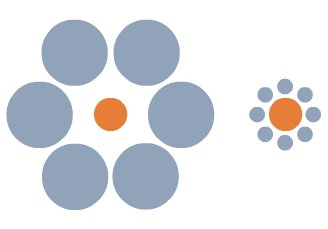 Two orange circles of exactly the same size, each surrounded by grey circles; on the left large grey circles, on the right, small grey circles. The orange circle on the left appears to be smaller than the one on the right.
