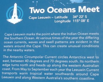 Photo of an information board at Cape Leeuwin, where the Indian Ocean meets the Southern Ocean.